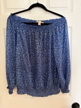 Michael Kors Blue Floral silver shimmer Off-the-Shoulder Blouse medium